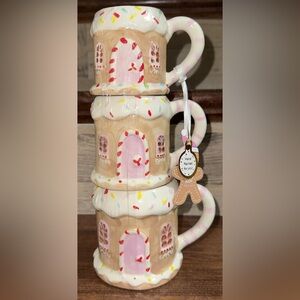 Super Cute 🥰  Hand Painted Stack of three Gingerbread House  🏠 Themed mugs
